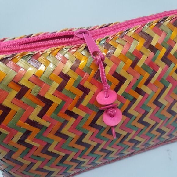 Colored Woven Rattan Handbag with Satin Cord Handle. - Picture 7 of 11